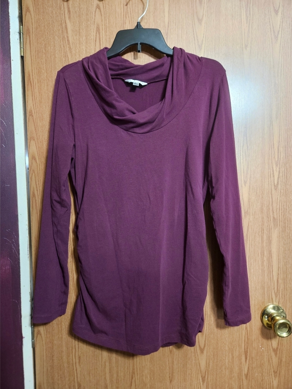 CAbi Lola Draped Scoop Neck Ruched Long Sleeve Stretch Top Size Large Merlot!